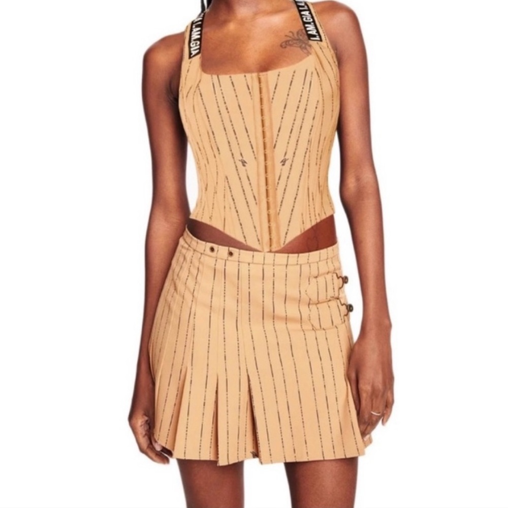 I.AM.GIA Heather Pleated Mini Skirt Tan Pinstripe Y2K